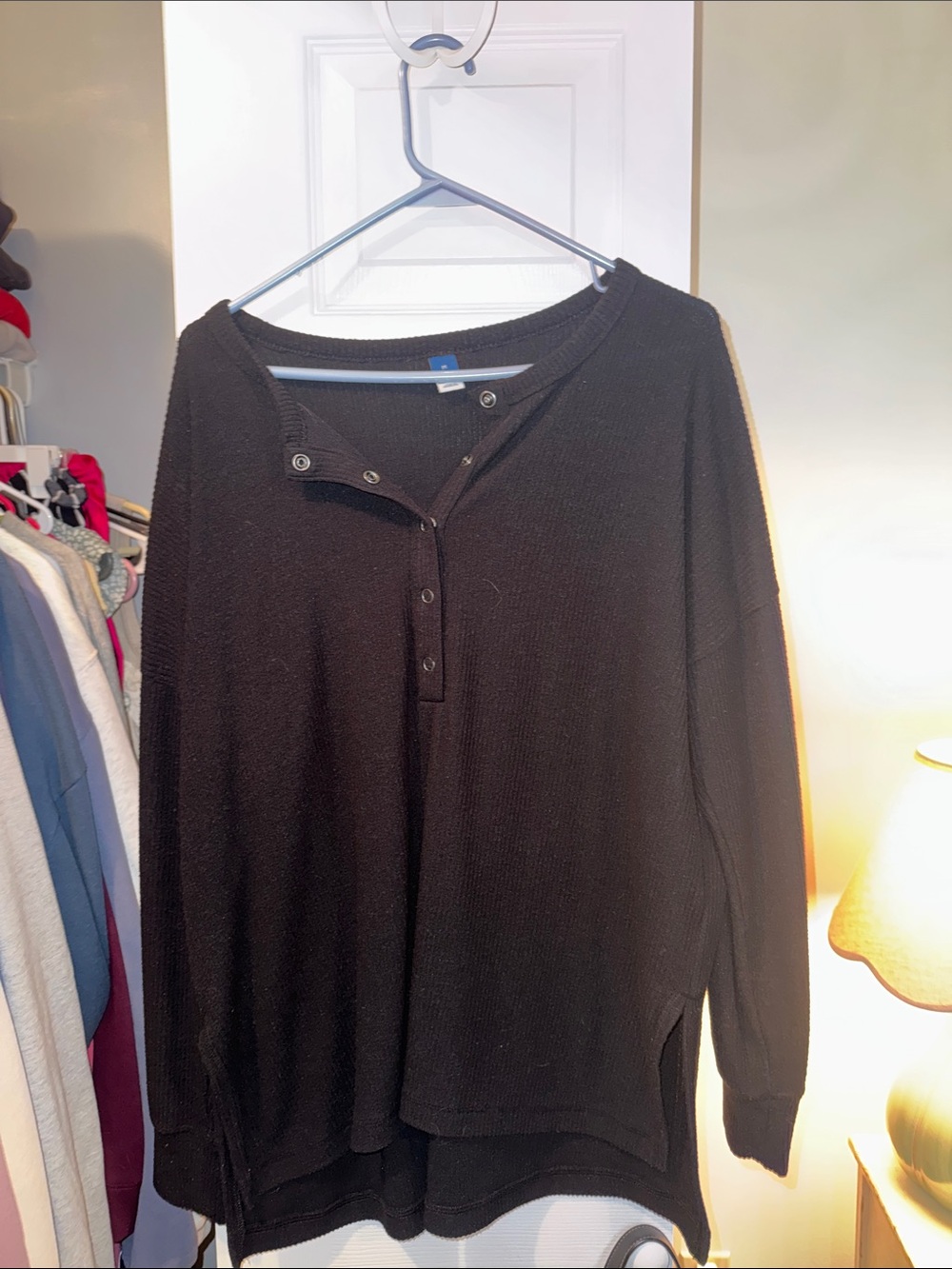 Old Navy Black Henley Waffle Knit Top